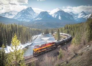 train going through morants curve in banff national park during summer with snowy mountains behind the train