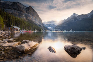 Lake Louise during golden hour in banff national park
