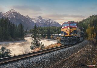 Kansas city southern train at morant's curve in banff national park