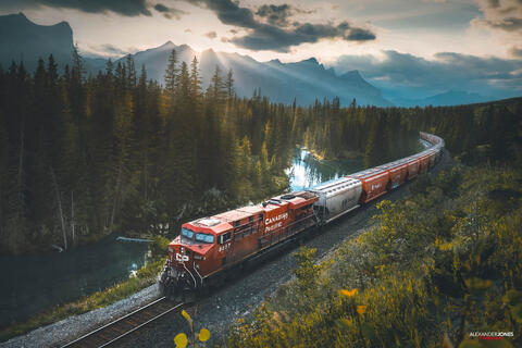 CP Train in the canadian rockies on a warm summer evening