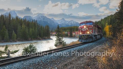 CP Train at morant's curve in banff national park during fall