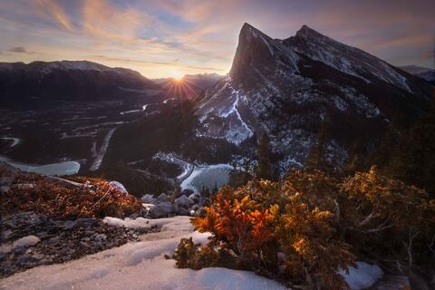 sunrise over ha-ling peak in Canmore on a cold winter morning