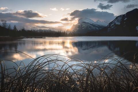 sun rise at vermillion lakes in banff during spring