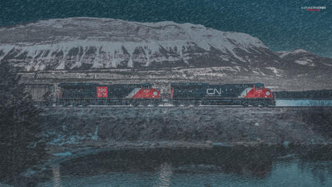 a freight training during a snow storm 