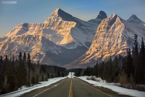 large mountain looming over road during sunrise on the icefields parkway in jasper national park and banff national park