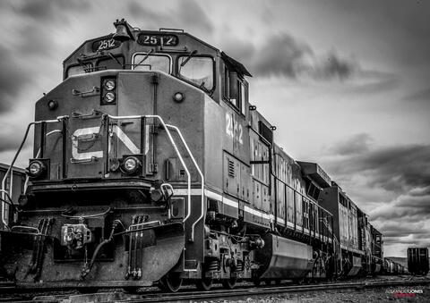 stationary CN freight train waiting to depart in British Columbia Canada