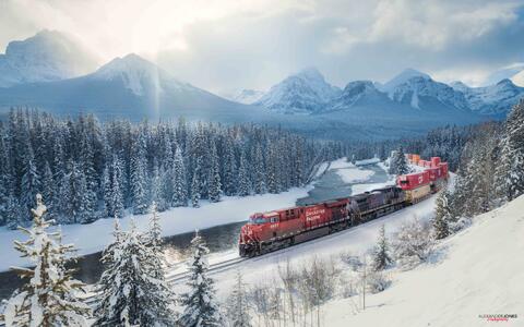 A CP train at Morant's Curve in Banff National Park during winter