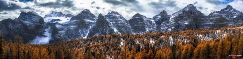 Valley of ten peaks above Larch Valley during fall. 