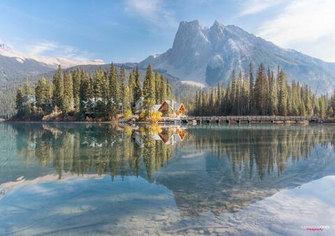 Emerald Lake during fall with Mt. Burgess reflecting over the water