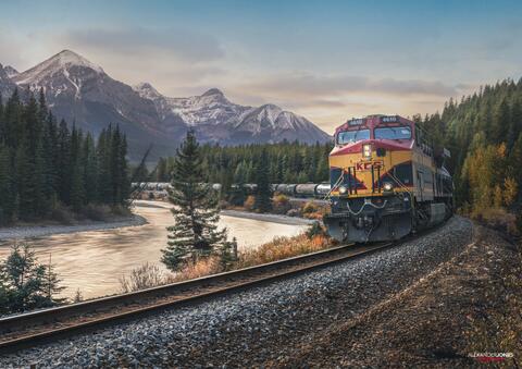 Kansas city southern train at morant's curve in banff national park
