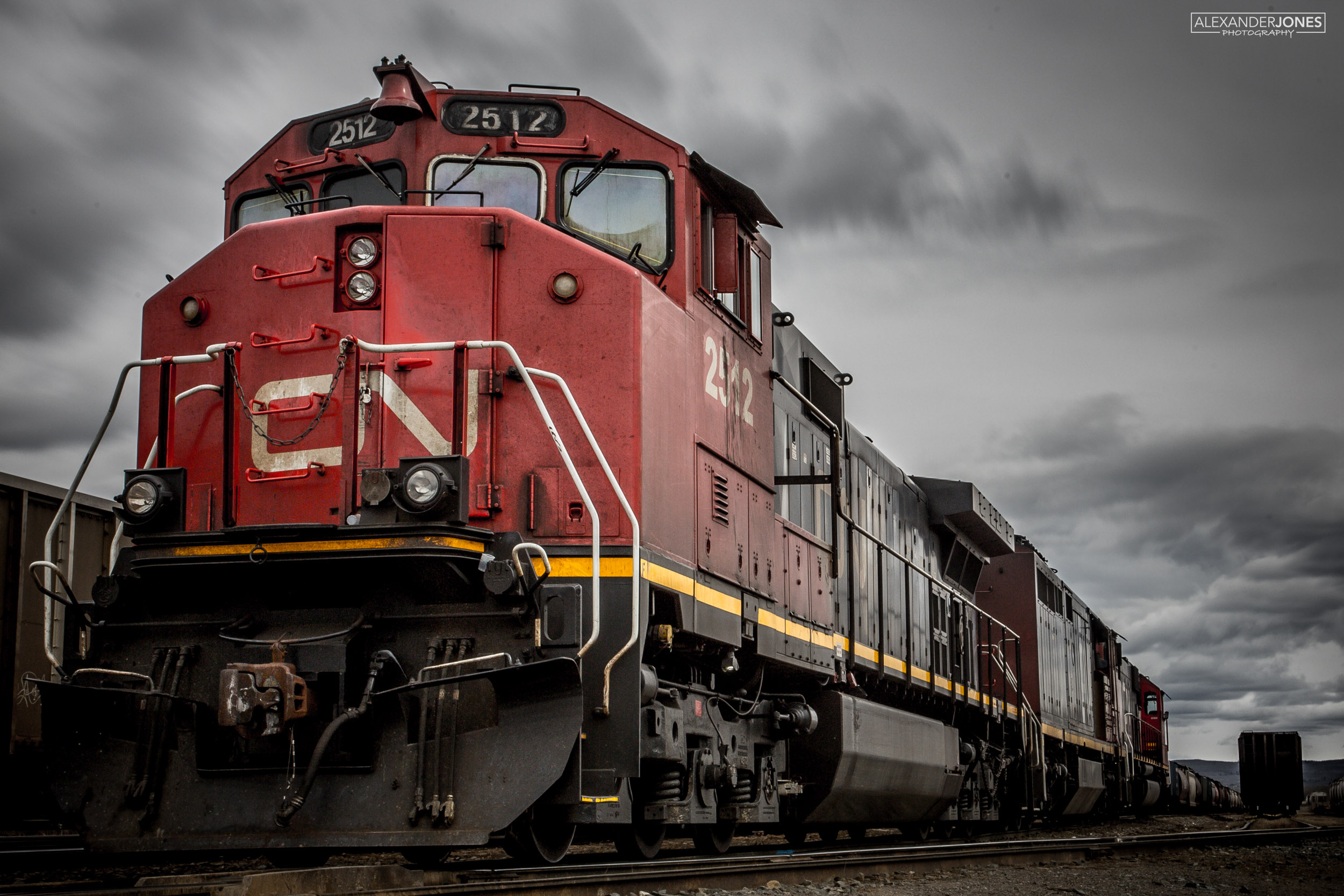 stationary CN freight train waiting to depart in British Columbia Canada