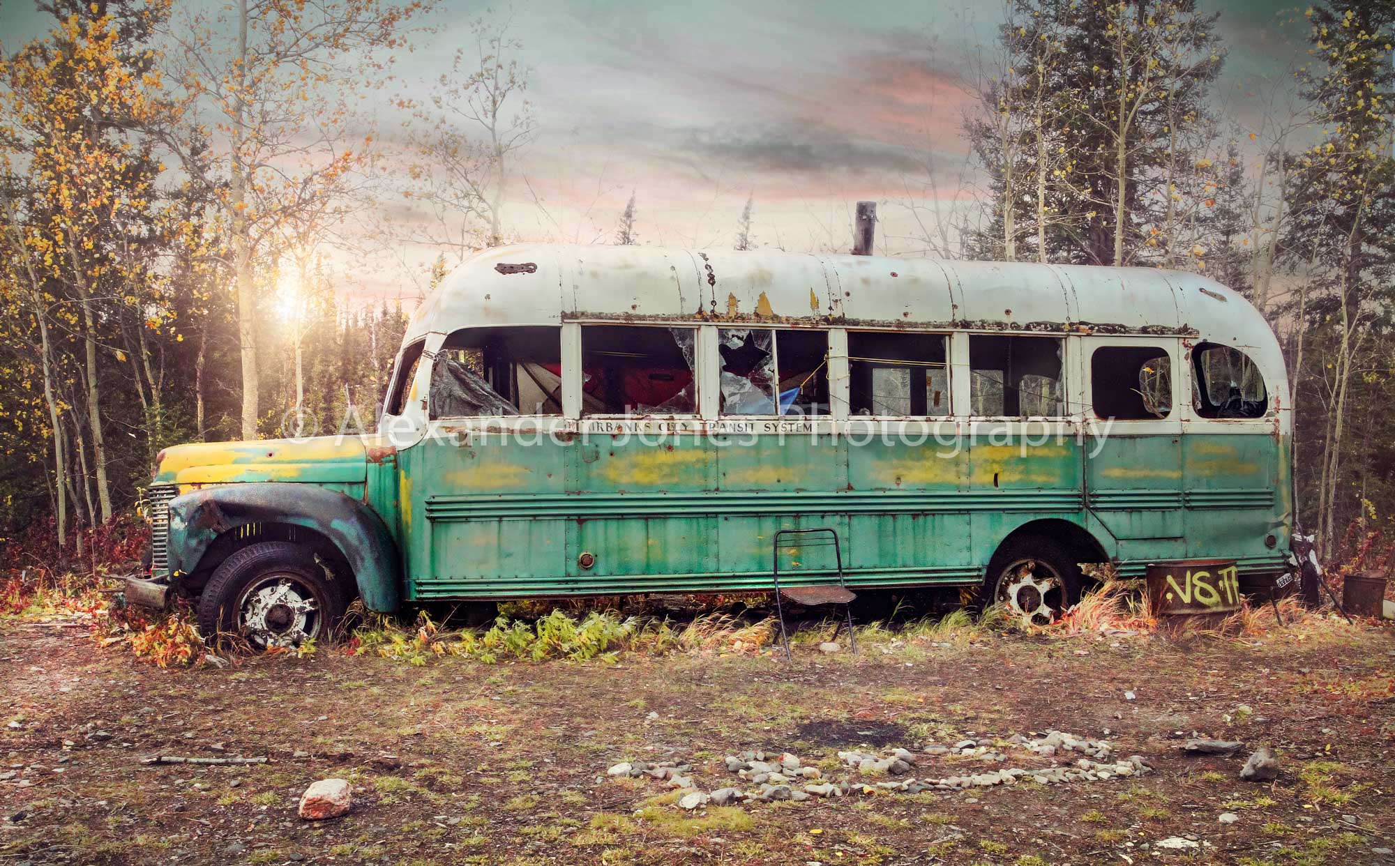 Into the Wild Bus - Daybreak Magic Bus 142 situated on the stampede trail in Alaska from Into The Wild movie