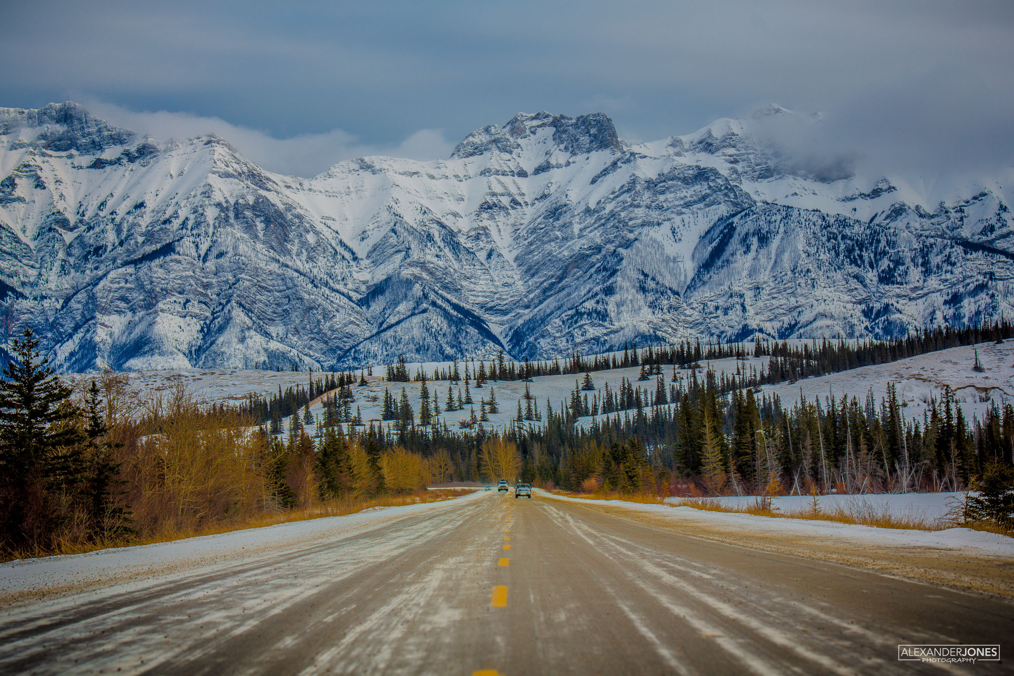 Yellow Brick Road Canada Mountain Road in Jasper National Park in Canadian Rocky Mountains