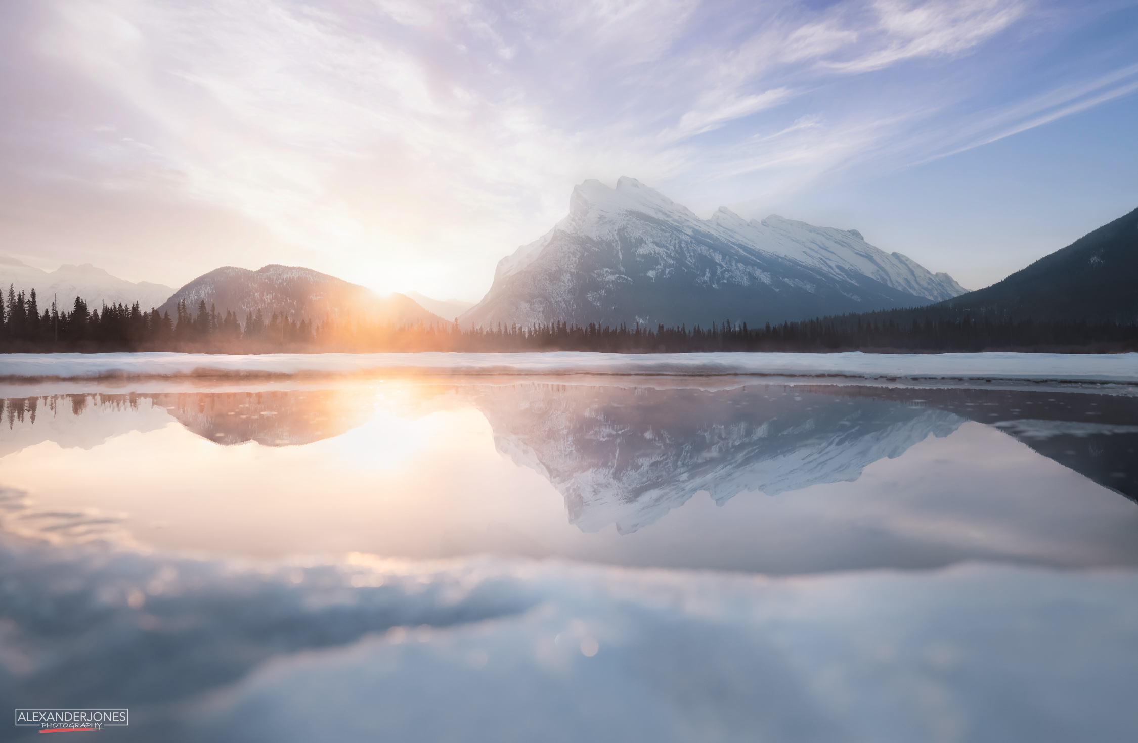 A cold winter sunrise at Vermillion Lake in Banff National Park